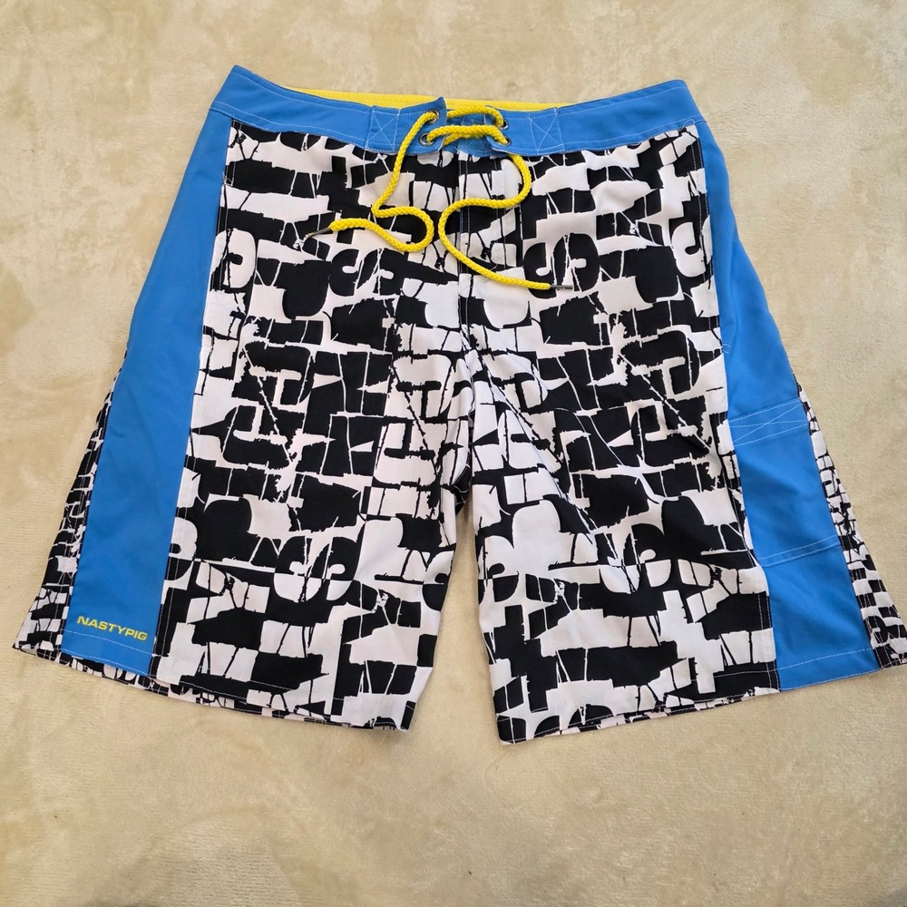 Nasty Pig Men's Board Shorts Size 33 Black White Graphic Swim Trunks Blue Accent